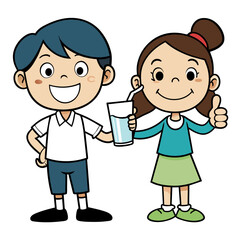 Cute girl holding a glass of milk and giving the thumbs up to a boy drinking milk
