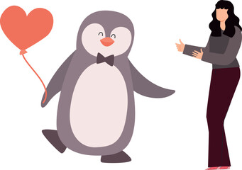 The penguin is holding a balloon.