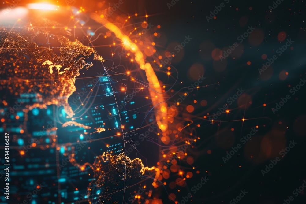 Poster abstract digital glowing planet earth with lights and data connections on a dark background, concept