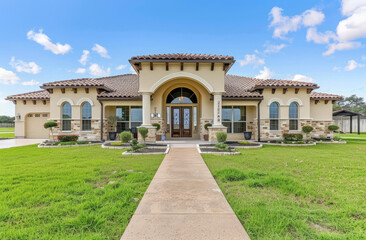 Fototapeta premium beautiful home located in san anot flags, texas is for sale with a flat front yard and low speed street on the left side of house, arched doorways, stone accents, tan stucco walls, green grass