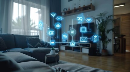Smart home interior showcasing state-of-the-art connected devices with section icons