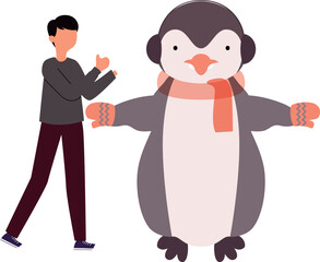 The penguin stands with open arms.