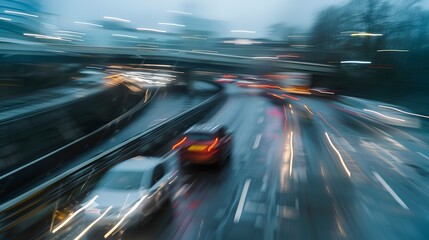 Dynamic Urban Life Captured in Motion Blur. Rush Hour Traffic Zooms on Wet City Streets. Vivid Evening Commute Scene. AI