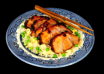 Sliced Chinese Char Sui pork meat meal with egg fried rice