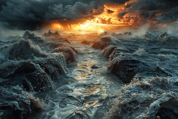 Fototapeta premium Muddy River Sunset: Hyperrealistic Stormy Ocean Encounter
