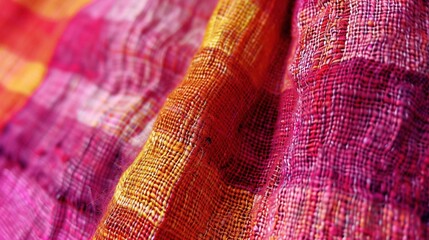 Woven fabric with red, yellow, and orange threads, creating a rich and textured visual effect.