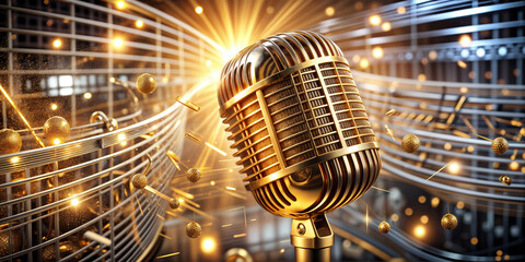 microphone on stage  3D illustration of a retro microphone with music notes and lights in the background, creating a musical atmosphere.