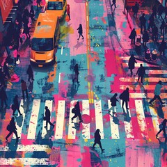 Fototapeta premium colorful, pixelated street scene from a birds eye view, showcasing trendy street art and hip, edgy fashion silhouettes