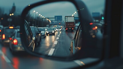 Reflection of Rush Hour Traffic in Car Side Mirror on a Gloomy Day. Depicting the Hustle of Daily Commute. Perfect for Urban Lifestyle Representations. AI
