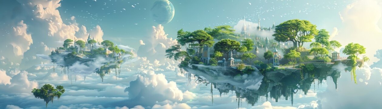 futuristic digital rendering of a utopian floating city in the clouds, showcasing advanced healthcare facilities and lush gardens