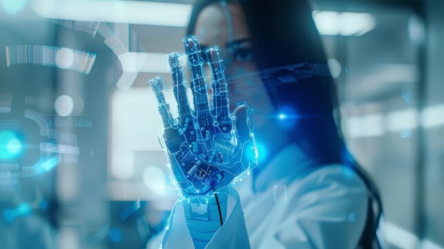 Closeup of a biohacker with an innovative cybernetic implant, half body shot capturing a futuristic hitech look concept, located in a modern lab with a blurry background