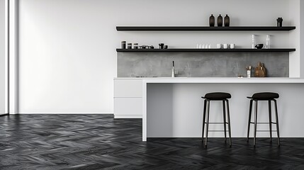 Minimalist kitchen with shelves, black bar stools and white walls, spacious room with wooden floor