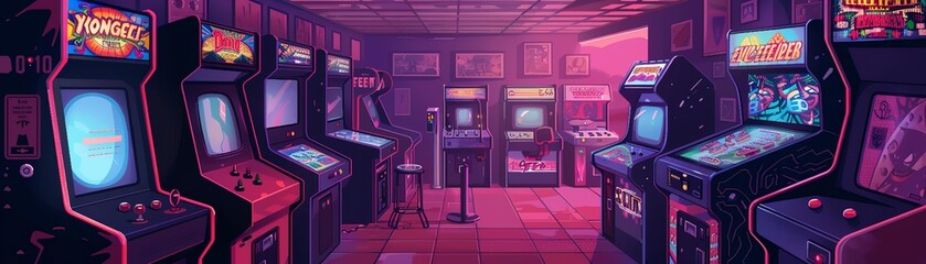An 80s retro arcade with neon lights and vintage arcade cabinets.