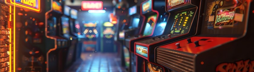 Arcade interior with retro video games. Classic 80s arcade games in a retro gaming arcade.