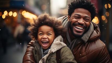 African American father and child, radiating love and happiness. Happy father's day. Warm wishes.