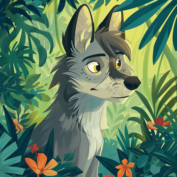 Cute illustration of Akela the wolf in the jungle