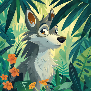Cute illustration of Akela the wolf in the jungle