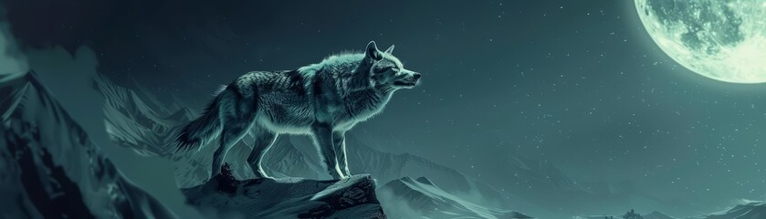 Closeup of a cybernetic wolf howling atop a mountain, its metallic fur shimmering under the moonlight, set against a stark, futuristic landscape with a 90s look