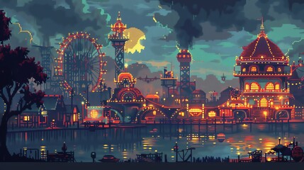 A pixelated cityscape at night
