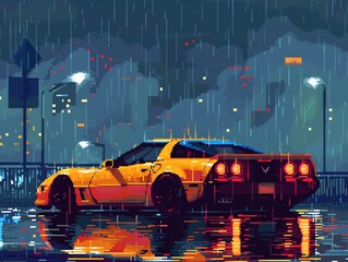 A yellow sports car drives through a rainy city street at night