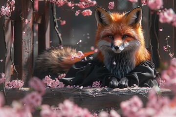 Fox in Black Dress Lounging under a Cherry Blossom Tree - Realistic Illustration