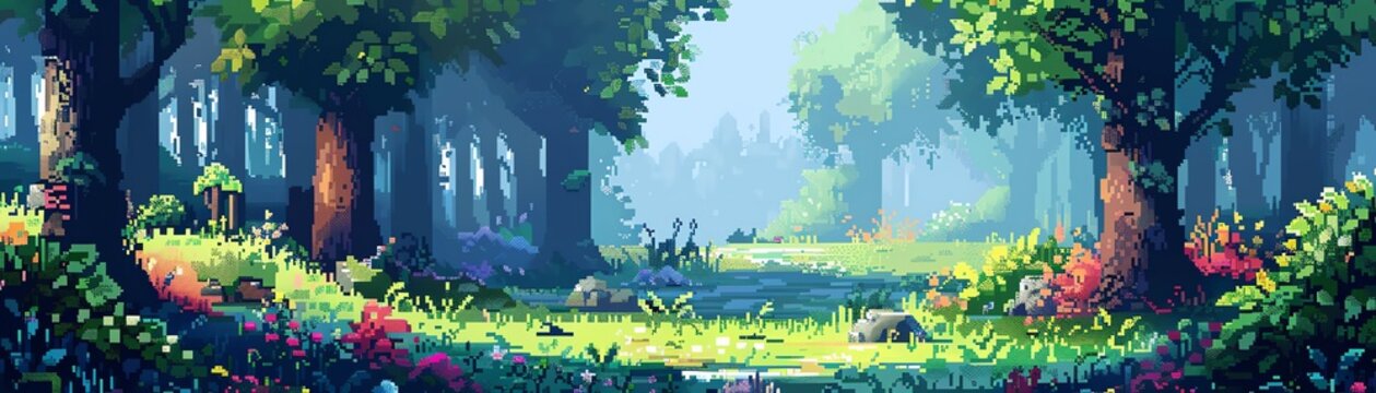 A beautiful pixel art forest scene. The trees are tall and green, the flowers are colorful, and the sun is shining brightly.