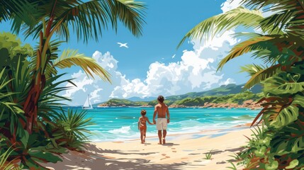 Father's day. Cute boy with dad playing outdoor. Father and son holding hands while walking on sand at beach