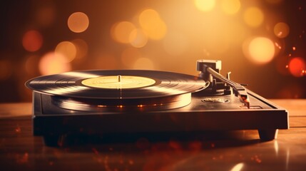 A vinyl record spinning on a turntable with a warm ambiance