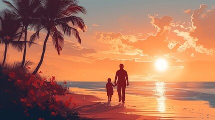Father's day. Cute boy with dad playing outdoor. Father and son holding hands while walking on sand at beach