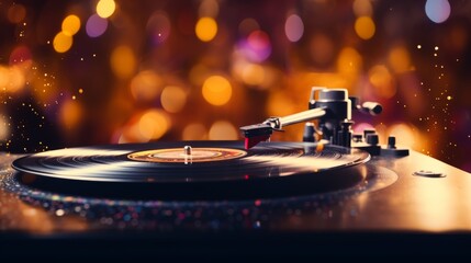 Vintage vinyl record player with a needle on the turntable, close up. Night club party background with blurred lights and a bokeh effect. Retro music and entertainment concept. - Powered by Adobe