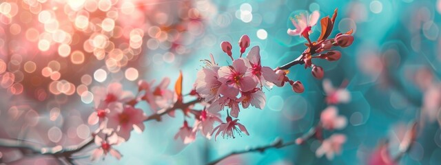 Beautiful spring floral background with branches of blossoming cherry, selective focus. Frame of pink sakura flowers in spring close-up macro on a turquoise background outdoors in nature.
