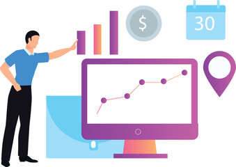 Boy pointing at business analytics.