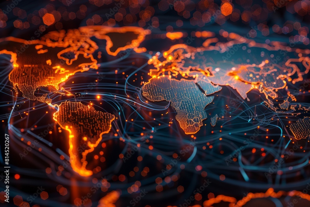 Poster abstract digital glowing planet earth with lights and data connections on a dark background, concept