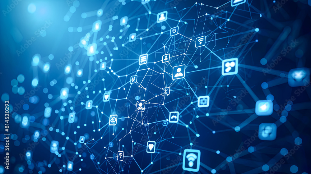 Poster blockchain network on blue background. 3d rendering toned image double exposure