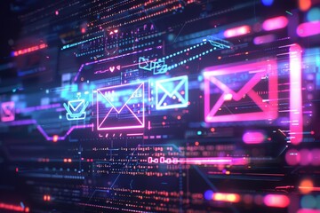 Closeup of vibrant futuristic colors illuminating an interface displaying live email notifications