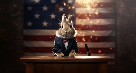 Illustration of a serious rabbit in a business suit at a podium, with an American flag backdrop and dramatic lighting.