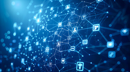 Blockchain network on blue background. 3d rendering toned image double exposure