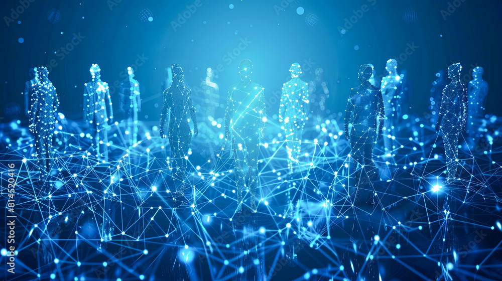 Poster 3d rendering group of people connected with lines and dots on blue background
