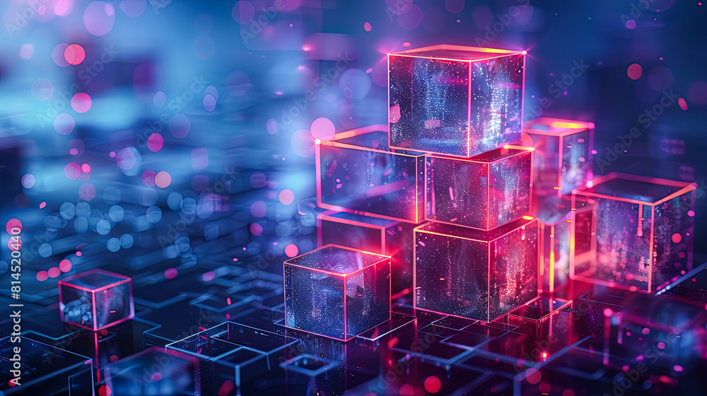 Wall mural Abstract 3d rendering of cubes in blue and pink neon light. Futuristic background. - Wall murals
