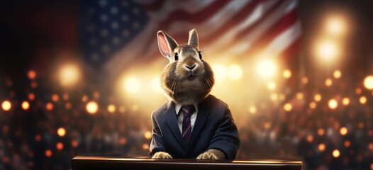 Illustration of a rabbit in a suit speaking at a podium with an American flag and audience lights in the background.