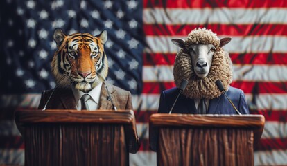 Digital art of a tiger and sheep dressed in suits, symbolically debating before an American flag backdrop.