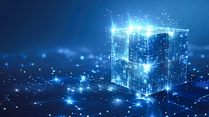 3d rendering of a cube with a blue background and binary code