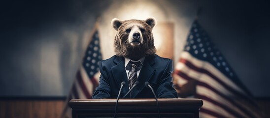 A digital illustration featuring a bear in a business suit delivering a speech at a podium, framed by American flags.