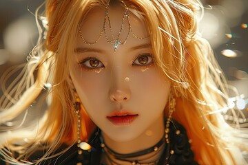 Sci-Fi Marvel: Korean-Brunette Mix Woman with Long Blonde Hair, Striking Brown Eyes, and Enigmatic Smile
