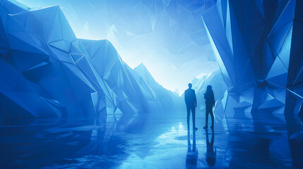 Businessman and businesswoman standing in the middle of a futuristic landscape