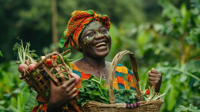 An authentic portrayal of African culture and agricultural practices as a joyful woman, dressed in traditional attire and adorned with intricate face paint.