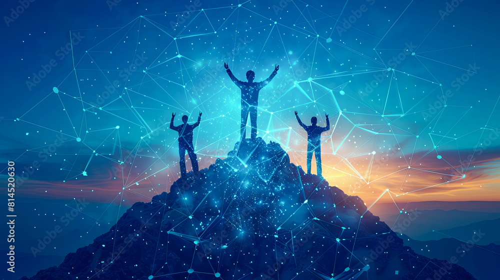 Poster silhouette of a group of people on top of a mountain against the background of a network connection.