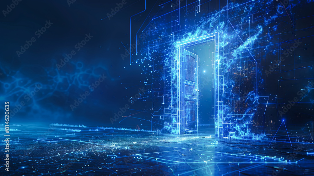 Poster abstract glowing door with circuit on dark blue background. 3d rendering