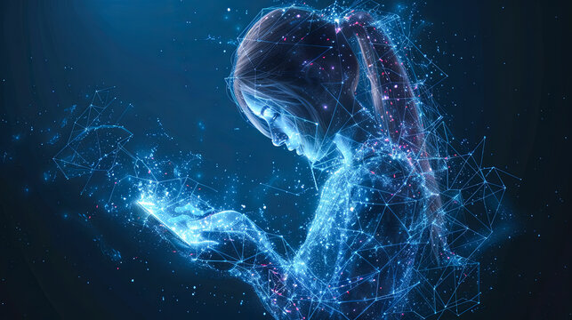 Young woman using mobile phone with connection lines on dark blue background. 3D rendering