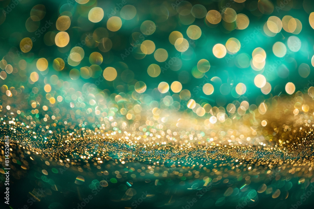 Poster abstract blur bokeh background gold bokeh on defocused emerald green background